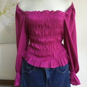 A NEW DAY Smocked Top Blouse Cold Shoulder Ruffle Long Sleeve Magenta M